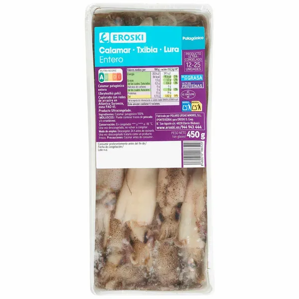 Calamar patagónico entero EROSKI, bolsa 450 g
