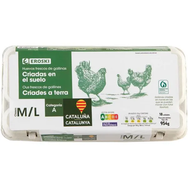 Huevo fresco suelo M/L EROSKI CATALUÑA, 18 uds