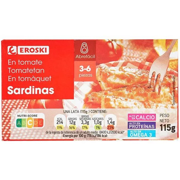Sardina en tomate EROSKI, lata 115 g