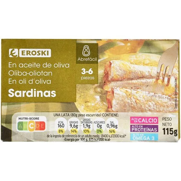 Sardina en aceite de oliva 3/5 piezas EROSKI, lata 115 g