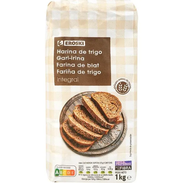Harina de trigo integral EROSKI, paquete 1 kg