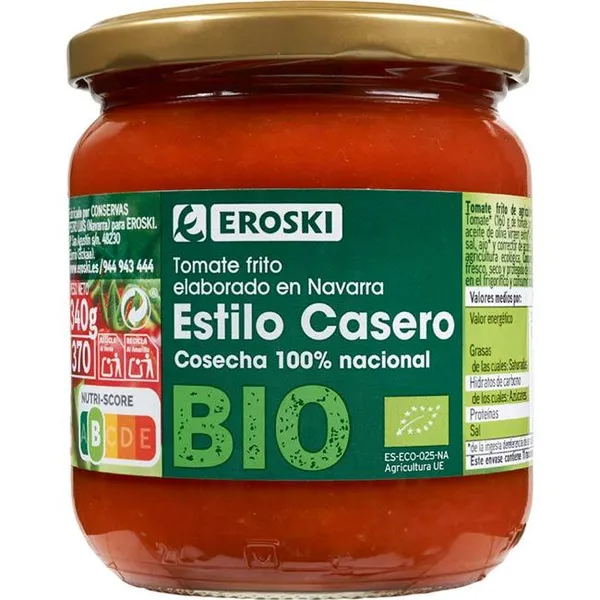 Tomate frito casero EROSKI BIO, frasco 340 g