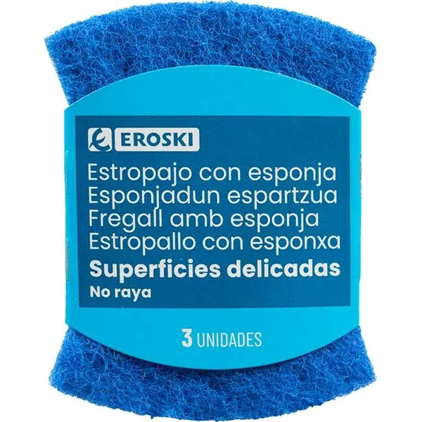 Estropajo azul con esponja EROSKI, pack 3 uds