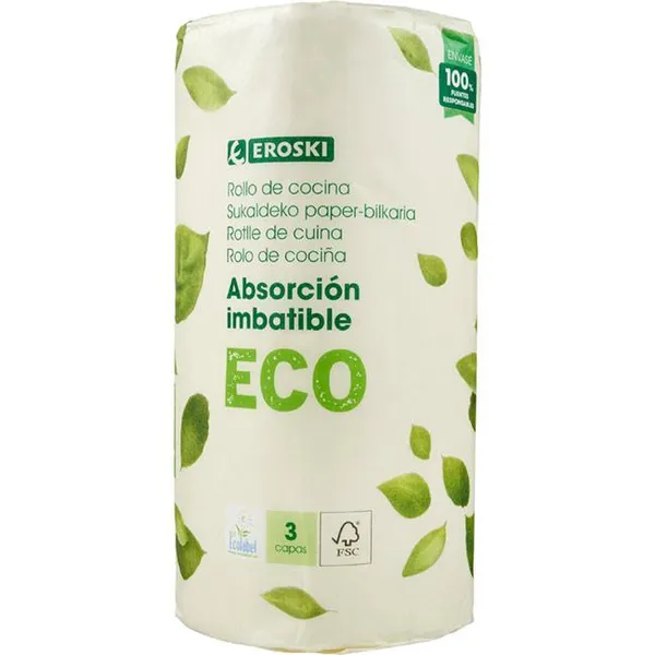 Papel de cocina eco 3 capas EROSKI, paquete 1 rollo