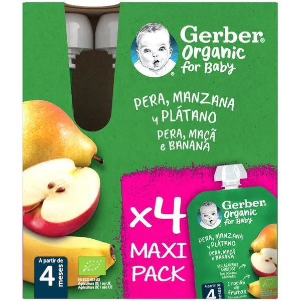 Bolsita de pera, manzana y plátano GERBER, pack 4x90 g