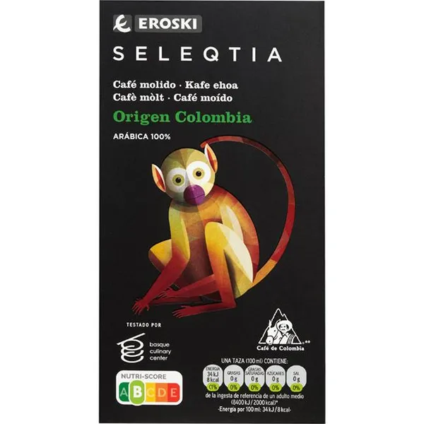 Café molido Colombia EROSKI SELEQTIA, caja 250 g