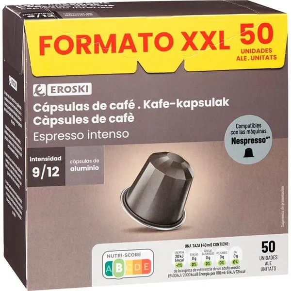 Café expresso intenso comp. Nespresso EROSKI, caja 50 uds
