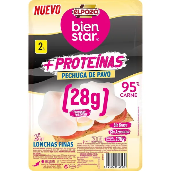 Pechuga pavo +proteinas ELPOZO, lonchas finas, bandeja 120 g