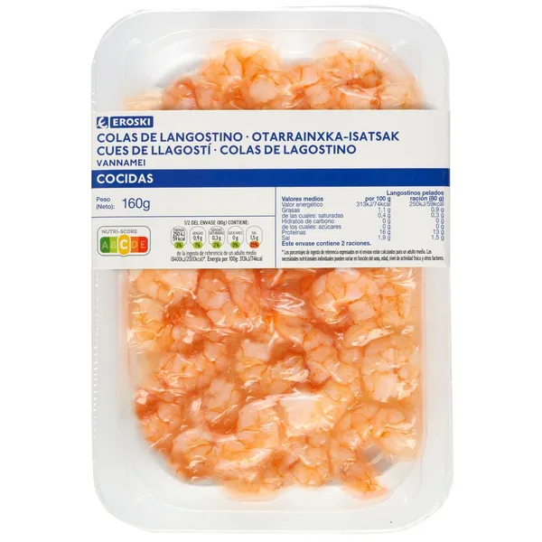 Colas de langostino natural EROSKI, bandeja 160 g