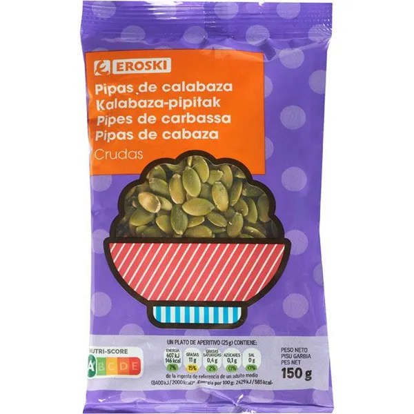 Pipas de calabaza peladas cruda EROSKI, bolsa 150 g