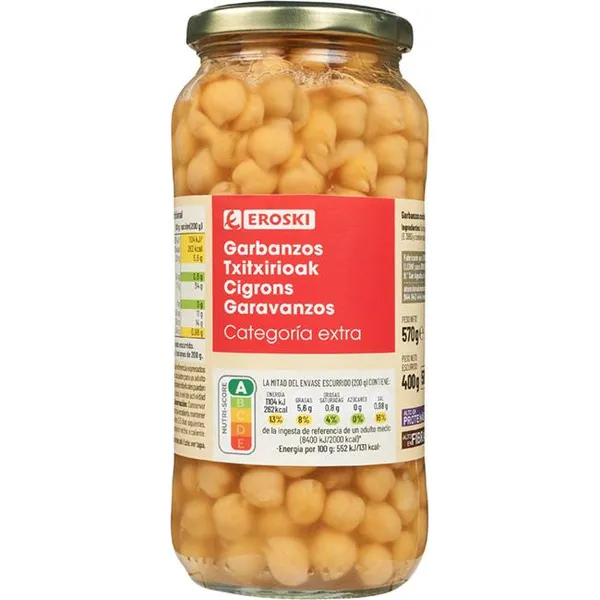 Garbanzo cocido EROSKI, frasco 400 g