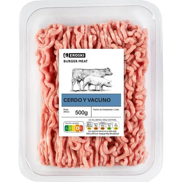 Picada de cerdo y vacuno burger meat EROSKI, bandeja 500 g