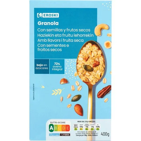 Granola con semillas bajo en azúcar EROSKI, caja 400 g