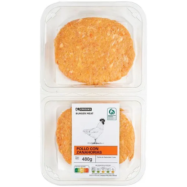 Hamburguesa de pollo-zanahoria EROSKI, 6 uds, bandeja 480 g