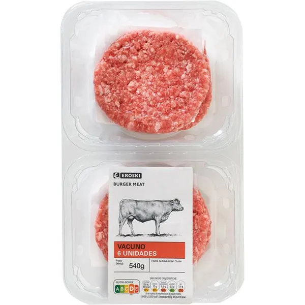 Hamburguesa de vacuno EROSKI, 6 uds, bandeja 540 g