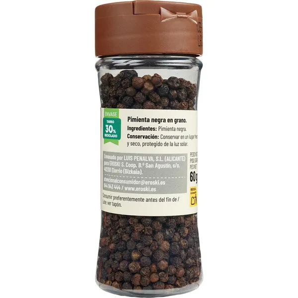 Pimienta negra entera EROSKI, frasco 60 g