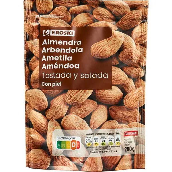 Almendra tostada piel EROSKI, 200 g