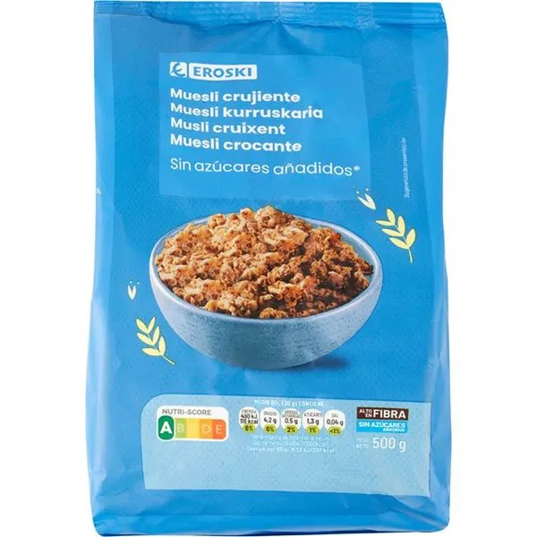 Crunchy muesli 0% azúcar EROSKI, bolsa 500 g