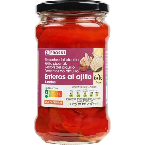 Pimiento de piquillo al ajillo EROSKI, frasco 225 g