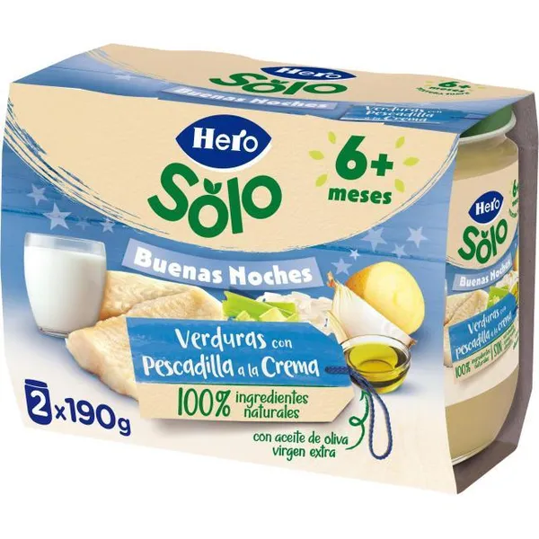 Tarrito de pescadilla-crema HERO BUENAS NOCHES, pack 2x190 g