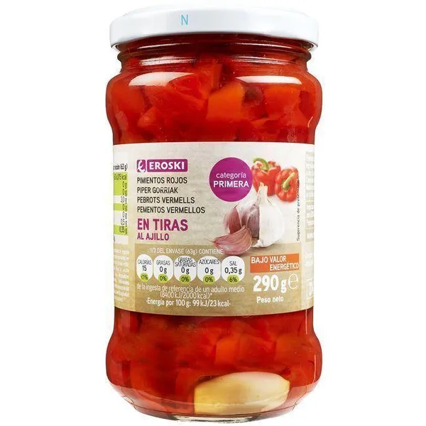 Pimiento rojo en tiras EROSKI, frasco 190 g