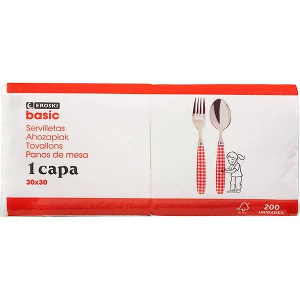 Servilleta blanca 1 capa 30x30 EROSKI BASIC, paquete 200 uds