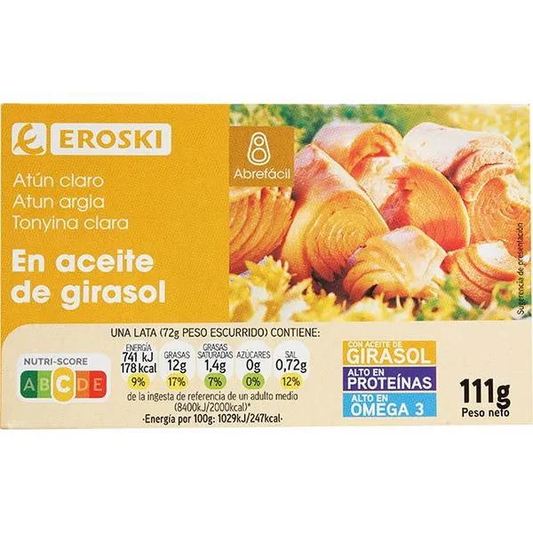 Atún claro en aceite vegetal EROSKI, lata 111 g