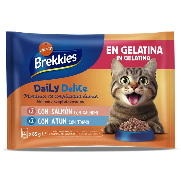 Alimento para gatos en gelatina atún y salmón Brekkies 4 x 85 g