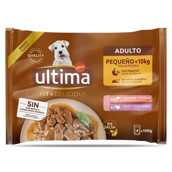 Alimento húmedo para perros mix salmón y pavo Ultima 4 x 100 g