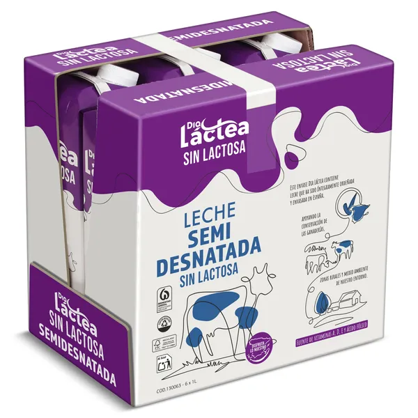 Leche semidesnatada sin lactosa Dia Láctea pack 6 x 1 L