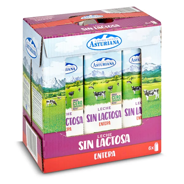 Leche entera sin lactosa Asturiana pack 6 x 1 L