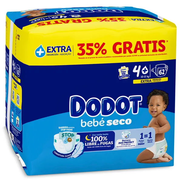 Pañales 10-15 kg talla 4 Dodot 62 unidades