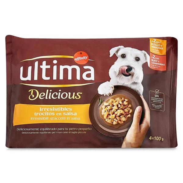 Alimento húmedo para perros mix con pollo y buey Ultima 4 x 100 g