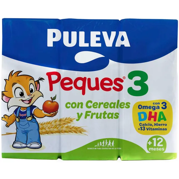 Leche crecimiento Peques cereal-fruta PULEVA 3, pack 3x200 ml