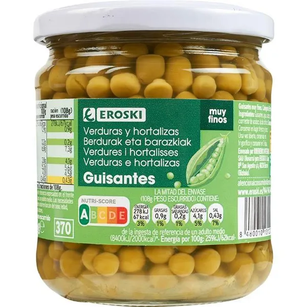 Guisante muy fino EROSKI, frasco 215 g