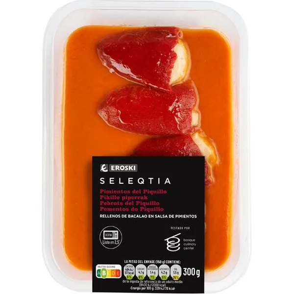 Pimientos rellenos de bacalao EROSKI SELEQTIA, bandeja 300 g