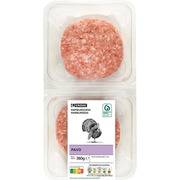 Hamburguesa de pavo EROSKI, 4 uds., bandeja 320 g