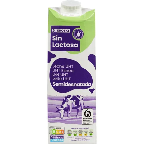 Leche semidesnatada sin lactosa EROSKI, brik 1 litro