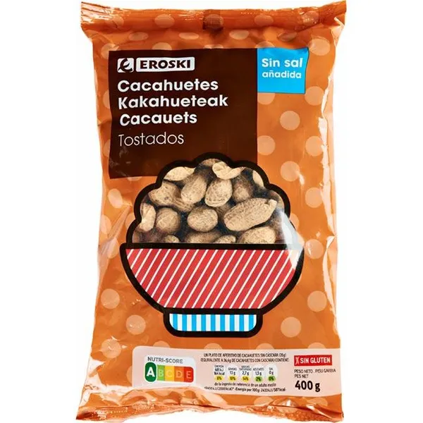 Cacahuetes tostados con cáscara EROSKI, bolsa 400 g