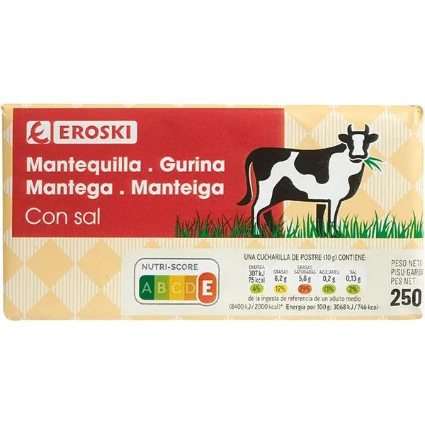 Mantequilla con sal EROSKI, patilla 250 g