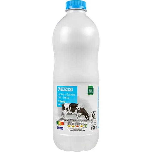 Leche entera EROSKI, botella 1,5 litros
