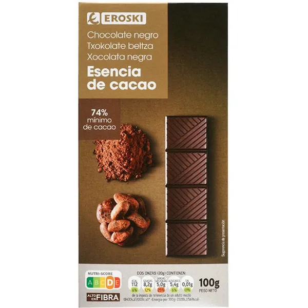 Chocolate negro 74% cacao EROSKI, tableta 100 g