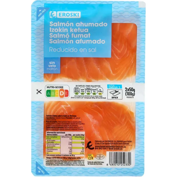 Salmón ahumado reducido sal duo EROSKI, pack 2x50 g