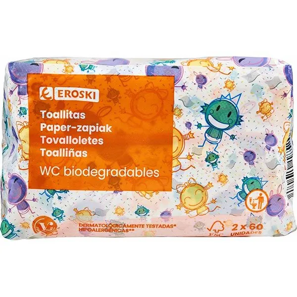 Toallitas wc infantil biodegradable EROSKI, pack 2x60 uds.