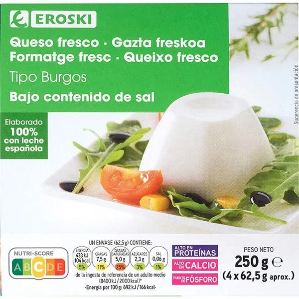 Queso fresco sin sal añadida EROSKI, pack 4x62,5 g