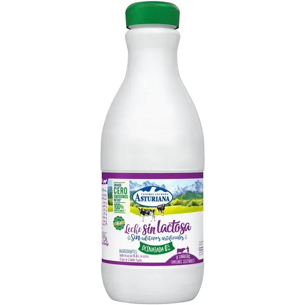 Leche desnatada sin lactosa ASTURIANA, botella 1,5 litros
