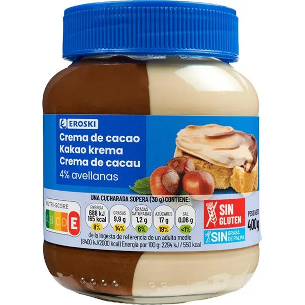 Crema cacao 2 sabores 4% avellana sin palma EROSKI, frasco 400 g