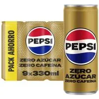 Refresco cola PEPSI ZERO SIN AZÚCAR SIN CAFEINA, pack 9x33 cl