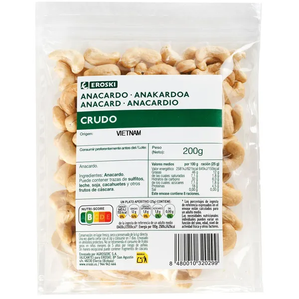 Anacardo crudo EROSKI, bolsa 200 g
