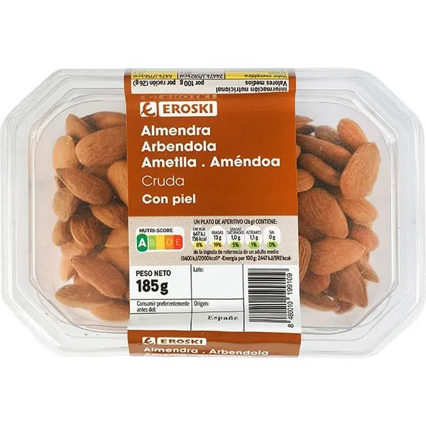 Almendra cruda con piel EROSKI, tarrina 185 g